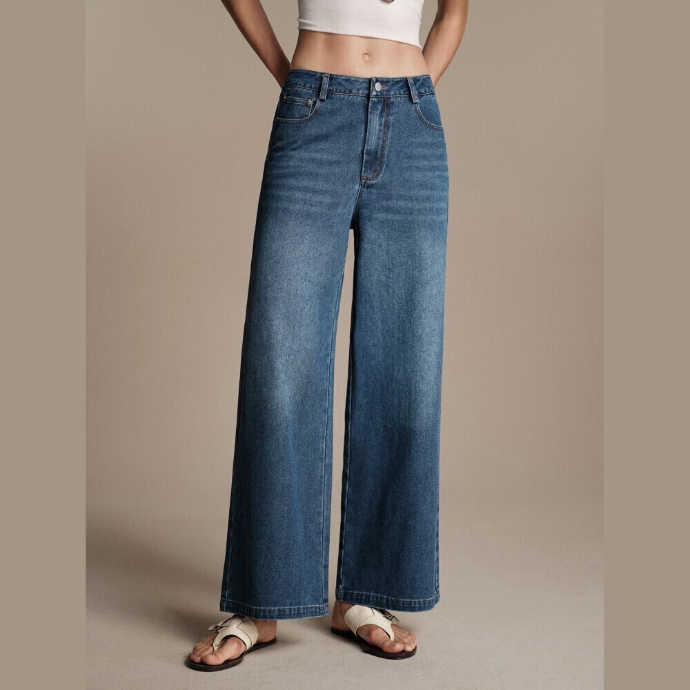 Medium Wash Faded Whisker Wide Leg High Rise Denim Jeans